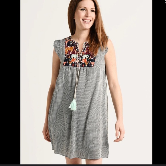 Anthropologie THMI Embroidered Boho Dress Tassel Tie Neck 2 Tiered Flouncy Skirt - Picture 15 of 15